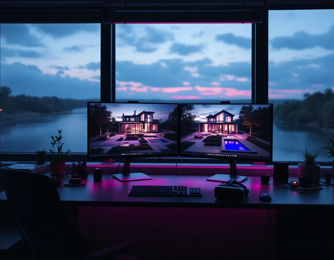 Travertine Studio's desk at dusk — calibrated monitors showing a render and a VR headset on the desk
